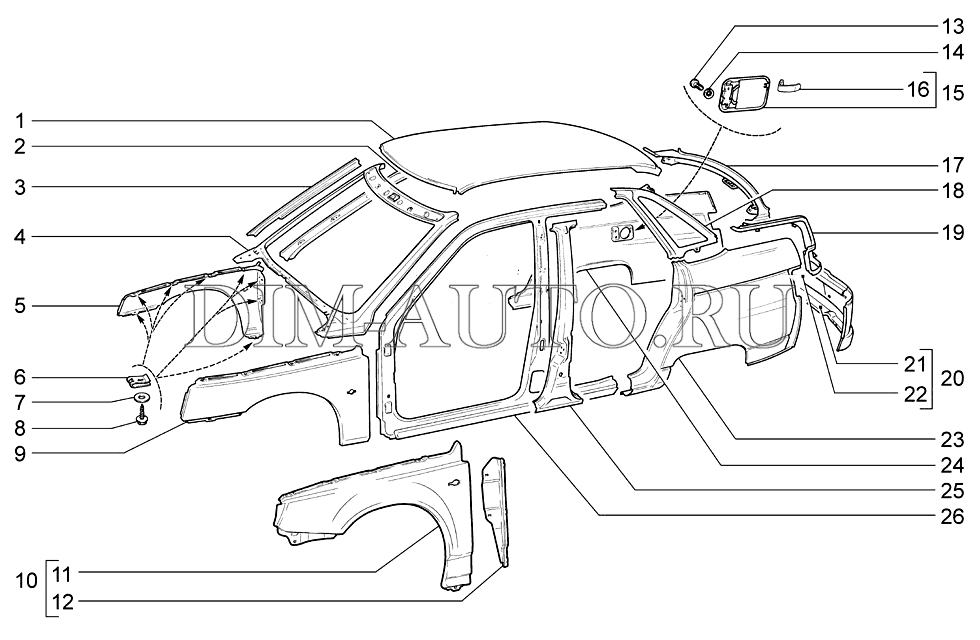 Схема кузовные детали ваз 2110