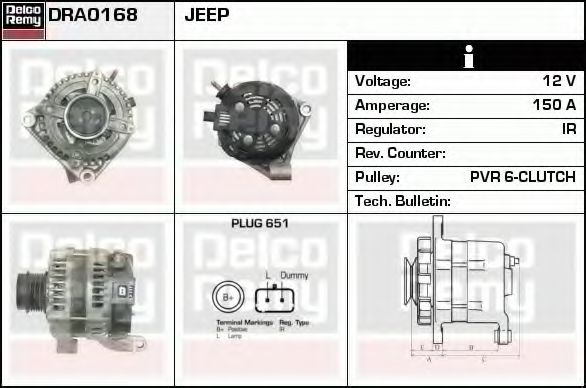 DELCO REMY DRA0168 Генератор для JEEP LIBERTY (KJ) 2.8 CRD 4x4