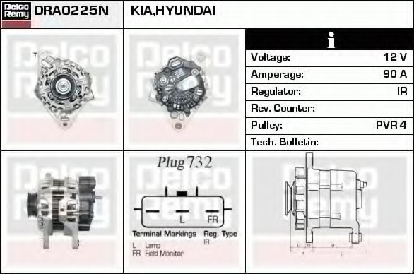 DELCO REMY DRA0225N Генератор для KIA CEED SW (ED) 2.0