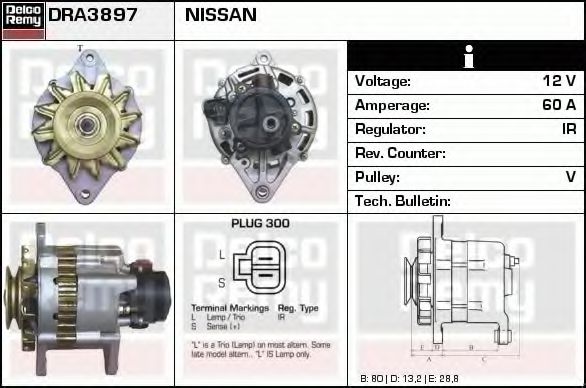 DELCO REMY DRA3897 Генератор для NISSAN PATROL 4 (Y60, GR) 4.2 D (Y60GR)