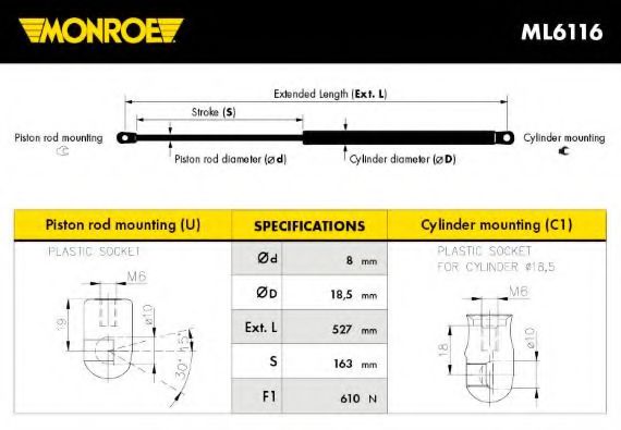 MONROE ML6116 Амортизатор багажника и капота для JEEP COMPASS (Джип Компасс)