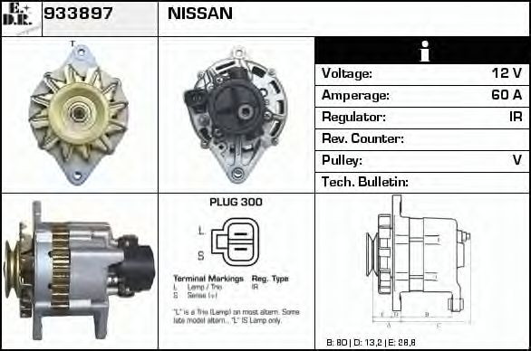 EDR 933897 Генератор для NISSAN PATROL 4 (Y60, GR) 4.2 D (Y60GR)