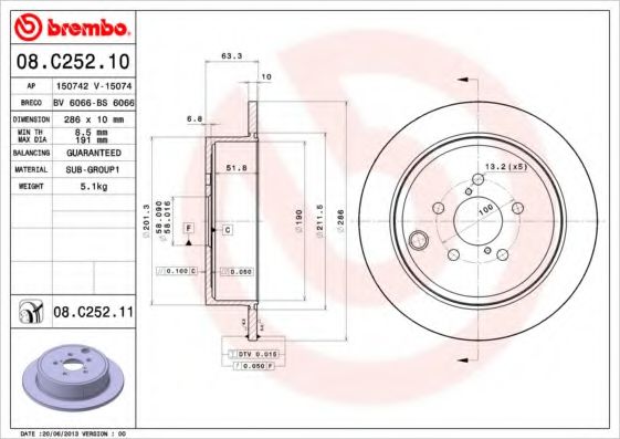 BREMBO 08C25210 Тормозные диски для SUBARU FORESTER (SH) (Субару Форестер)