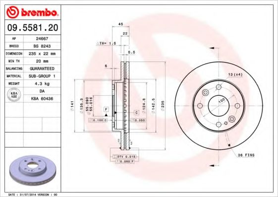 BREMBO 09558120 Тормозные диски для KIA RIO (Киа Рио)