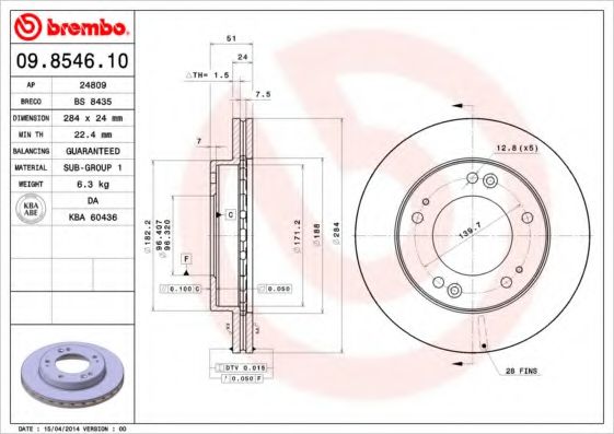 BREMBO 09854610 Тормозные диски для KIA SPORTAGE (Киа Спортаге)