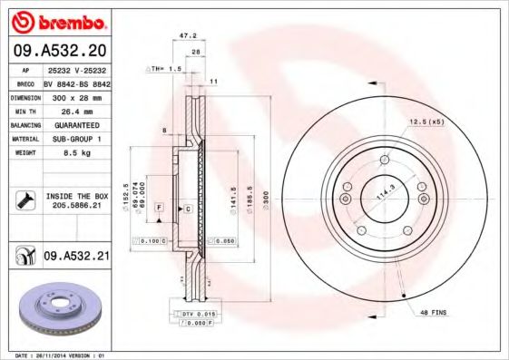 BREMBO 09A53221 Тормозные диски для KIA CEED (Киа Кеед)