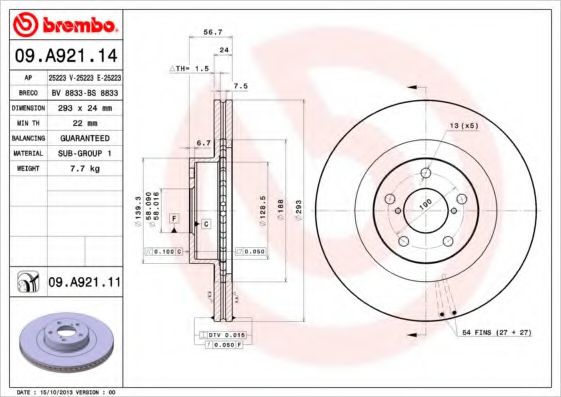 BREMBO 09A92111 Тормозные диски для SUBARU FORESTER (SH) (Субару Форестер)